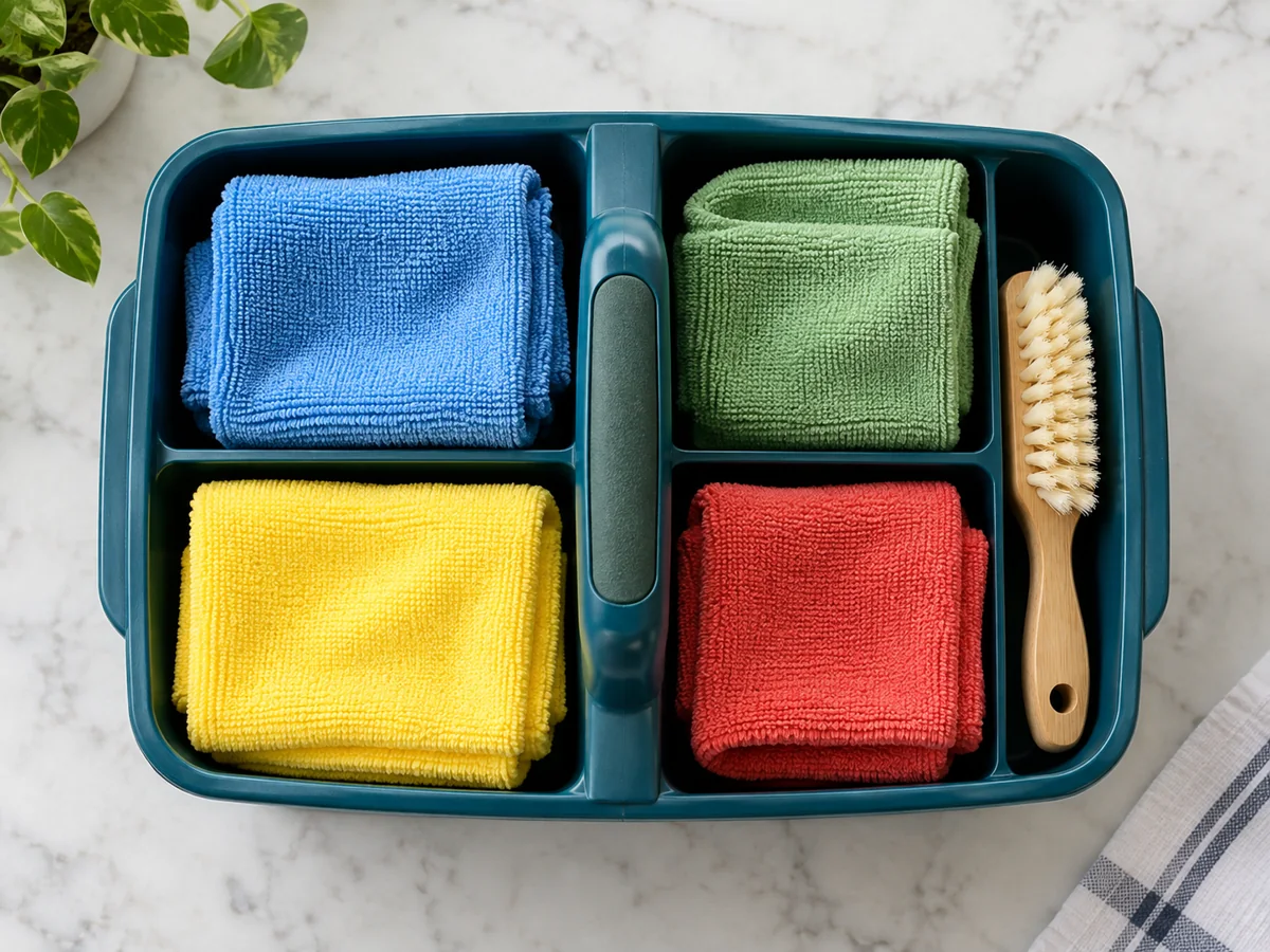 A Room-by-Room Cleaning Sequence With Separate Cloths — illustrative scene